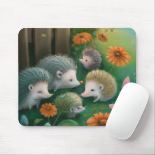 Mousepad Whimsical Hedgehog Family Picnicking in the Garden