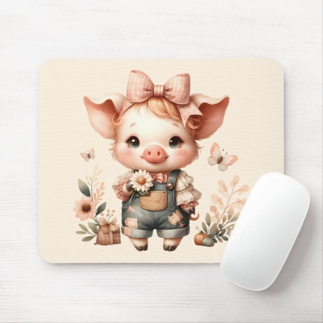 Mousepad Whimsical Piglet in Pastel Overalls Peach (Com mouse)