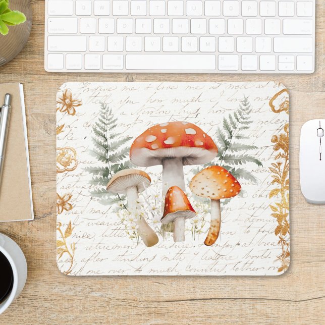 Mousepad Whimssius Forest Mushroom Vintage - Letra Farmhous (In situ, office working desk)