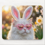 Mousepad White Easter Cat with Bunny ears<br><div class="desc">A fluffy white cat adorned with bunny ears and pink heart-shaped sunglasses sits serenely among blooming spring flowers in the sunlight</div>