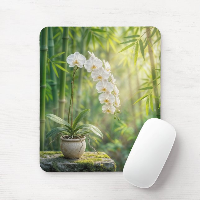 Mousepad White Orchids and Bamboo (Com mouse)