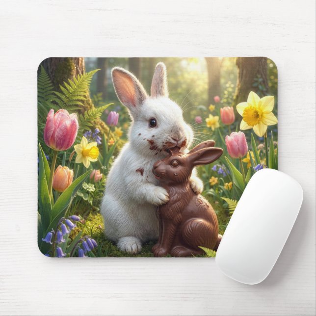 Mousepad White Rabbit Licking a Chocolate Easter Bunny (Com mouse)