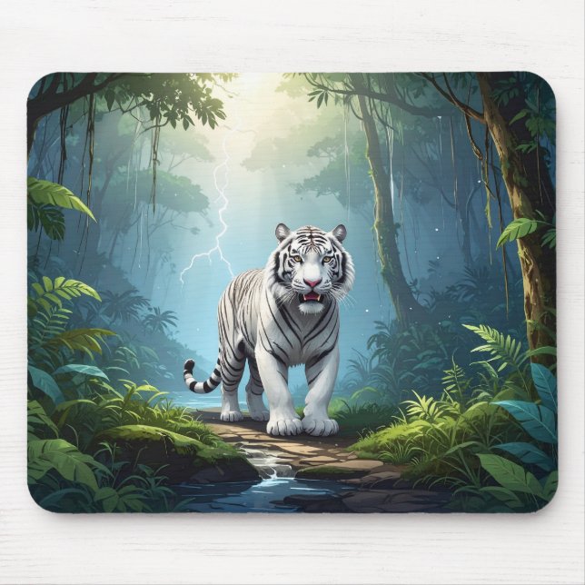 Mousepad White Storm Tiger – Jungle Lightning Fantasy Mouse (Frente)