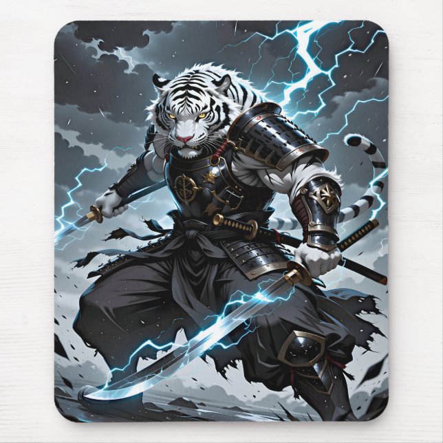 Mousepad White Tiger Samurai Warrior Blue Lightning Gaming (Frente)
