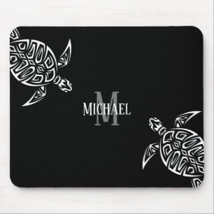 Mousepad White Turtle Tribal Black Background Monogram