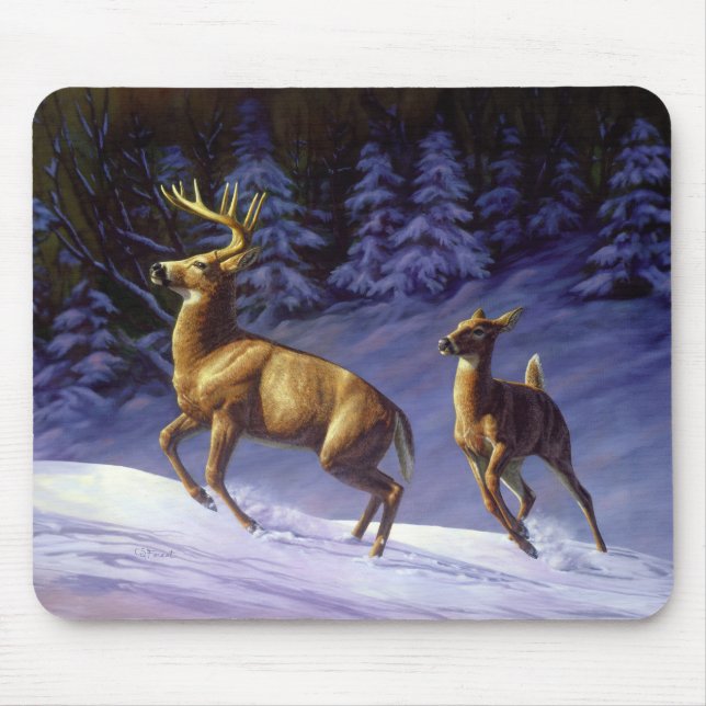 Mousepad Whitetail Deer Buck & Doe na Neve de inverno (Frente)