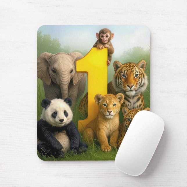 Mousepad Wildlife Animal Babies With a Number One (Com mouse)