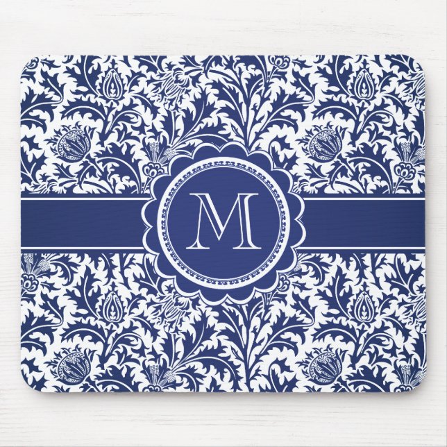 Mousepad William Morris azul e branco elegante floral (Frente)