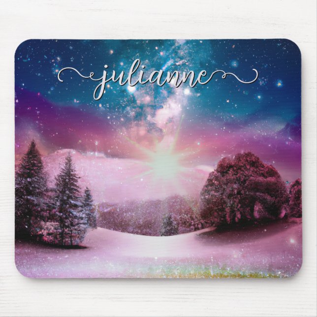 Mousepad Winter Fantasy Starscape Landscape com Nome (Frente)