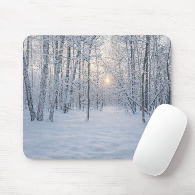 Mousepad Winter Sunlight in Quiet Birch Forest (Com mouse)
