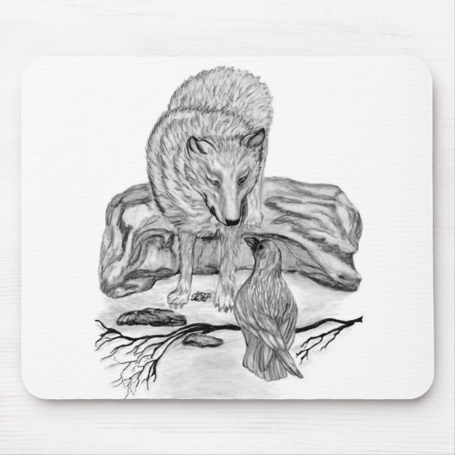 Mousepad Wolf e Raven design preto e branco (Frente)