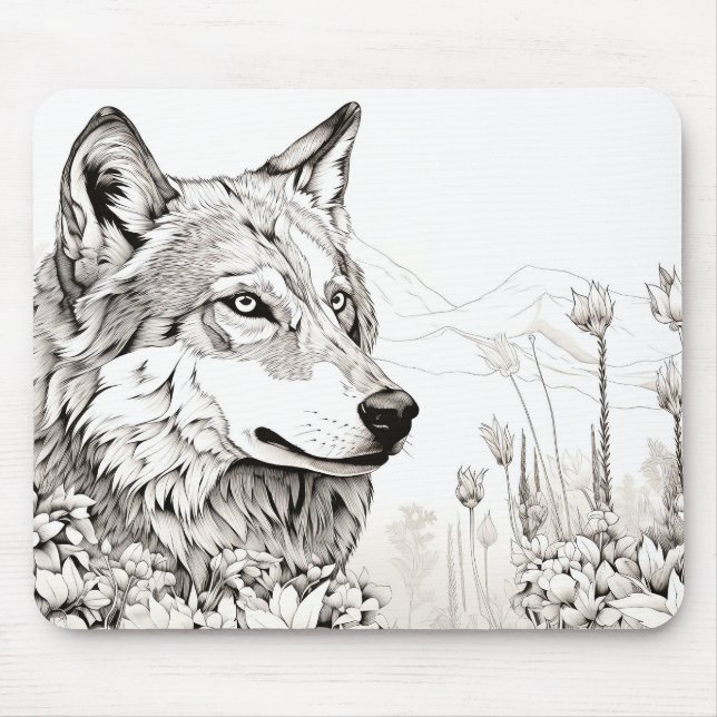 Mousepad Wolf Peaceful Nature Prairie Estilo de Desenho (Frente)