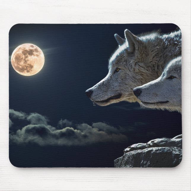Mousepad Wolf Wolves Howling na lua cheia à noite (Frente)
