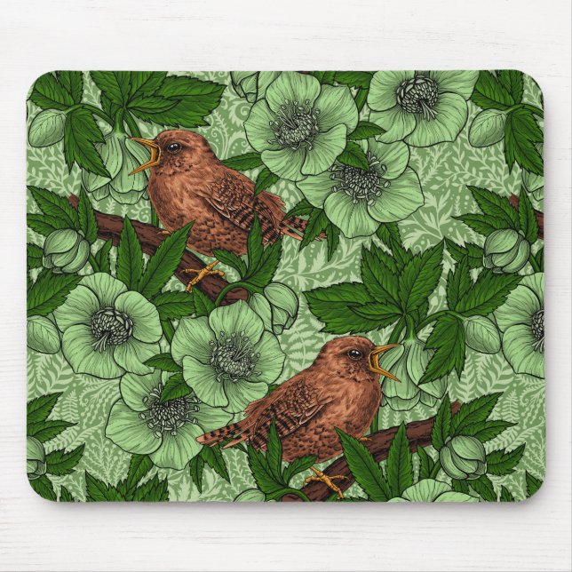 Mousepad Wren e hellebord, verde-claro (Frente)