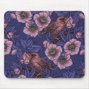 Mousepad Wren e hellebore, violeta e rosa