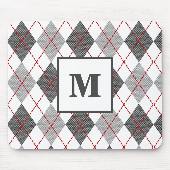 Mousepad Xadrez Argyle Vermelho Cinza Prata Monograma (Frente)