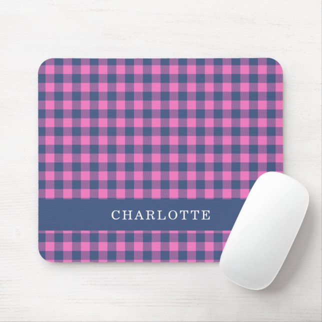Mousepad Xadrez de Búfalo Retro Rosa Azul Nome Personalizad (Com mouse)