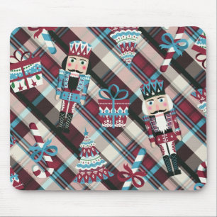 Mousepad Xadrez de Nozes de Natal Blue Burgundy