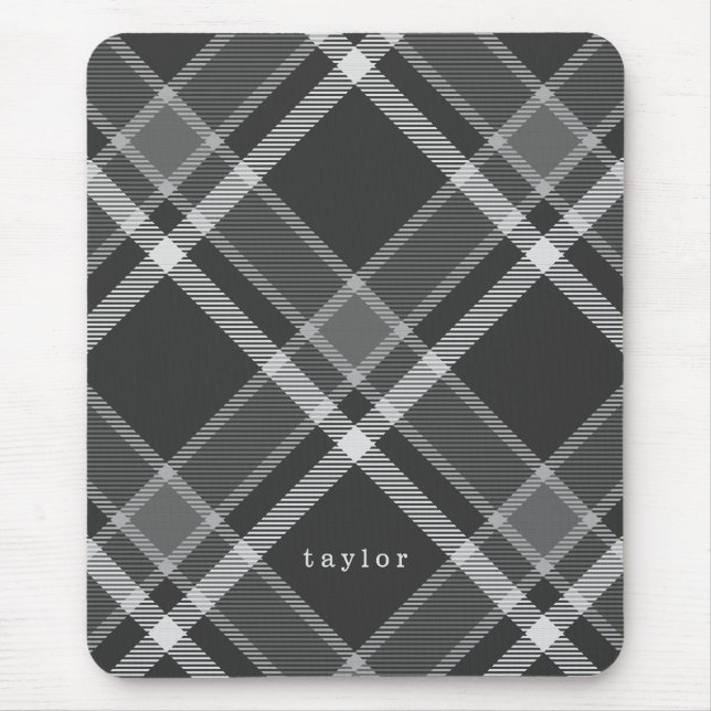 Mousepad Xadrez de Tartan de Cinza e Preto Russo com Nome (Frente)