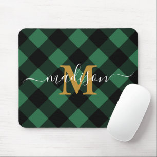 Mousepad Xadrez verde feriado com Monograma e Nome