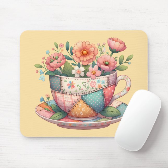 Mousepad Xícara de Chá em Patchwork com Flores Caprichosas (Com mouse)