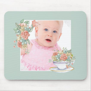 Mousepad Xícara de chá floral aquarela com foto personaliza