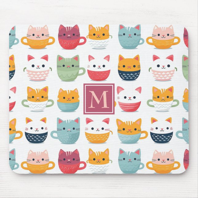 Mousepad Xícaras de Chá de Gatos Monograma Canecas de Café  (Frente)