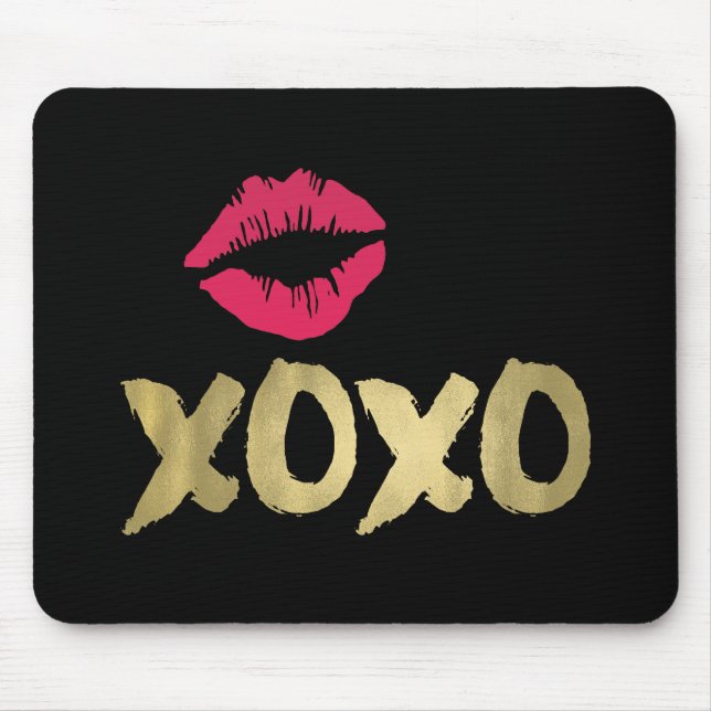 Mousepad XOXO Faux Dourado e Lábios cor-de-rosa | Preto (Frente)