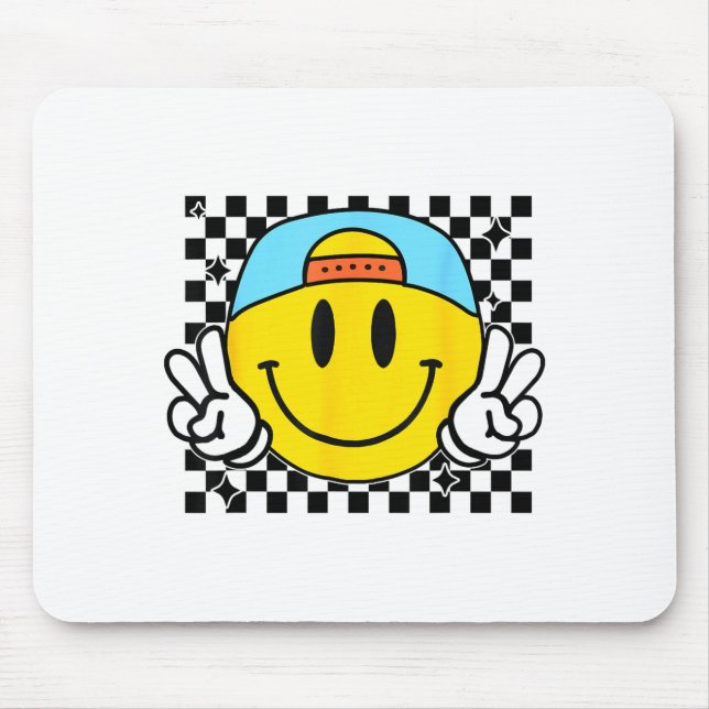 Mousepad Yellow Smile Face Cute Checkered Peace Smiling Hap (Frente)