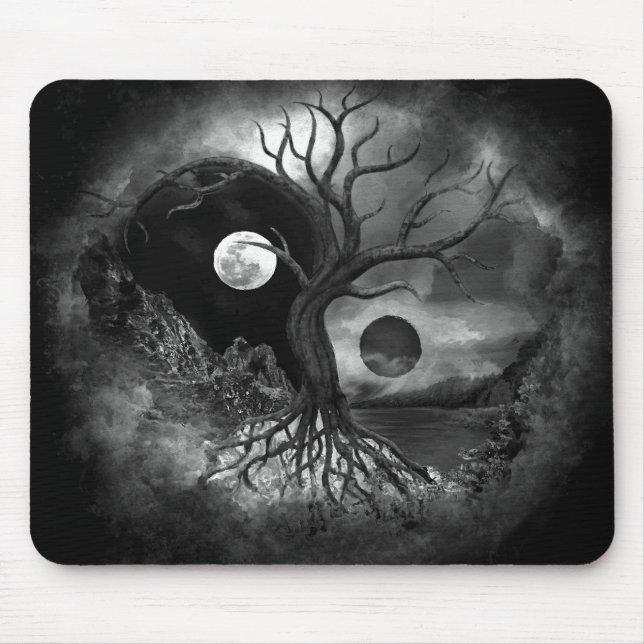 Mousepad Yin Yang Tree Landscape Black and White (Frente)