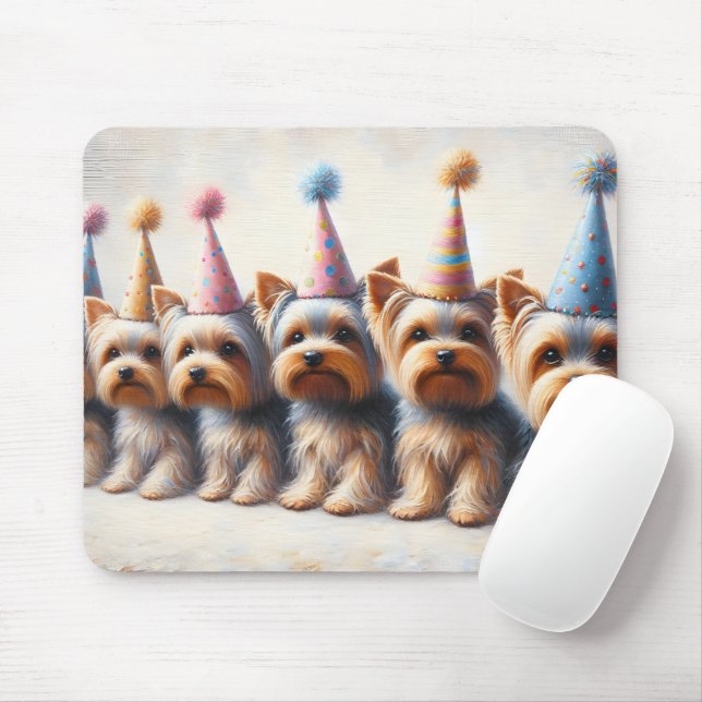 Mousepad Yorkies com chapéus de festa (Com mouse)