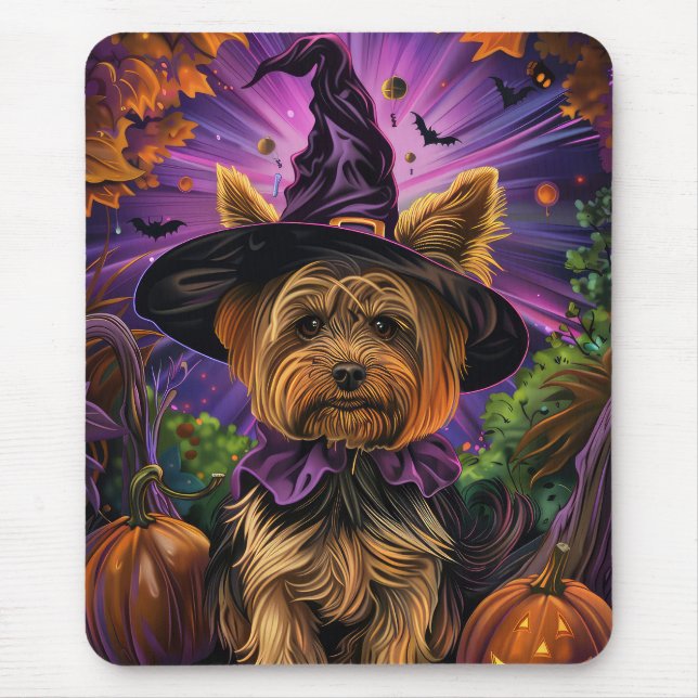 Mousepad Yorkipoo Assustador de Cachorro no Halloween Bruxa (Frente)