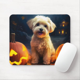 Mousepad Yorkipoo do Halloween Com Pumpkins Assustado