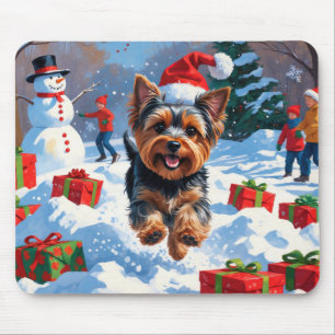 Mousepad Yorkshire Terrier na Neve com Chapéu de Natal