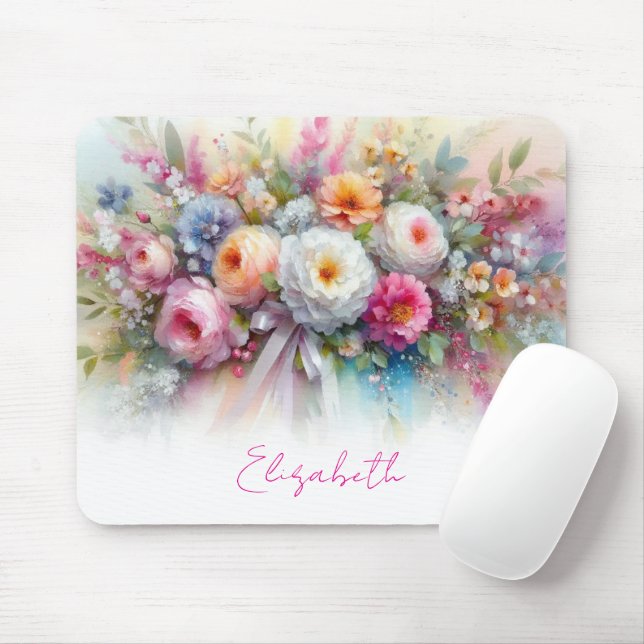 Mousepad Your Custom Text Name Elegant Aquarell Flowers Art (Com mouse)