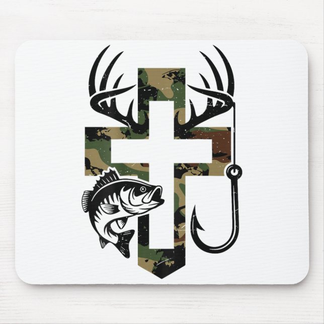 Mousepad Youth Camo Faith Hunting Fishing Cross Hook Christ (Frente)