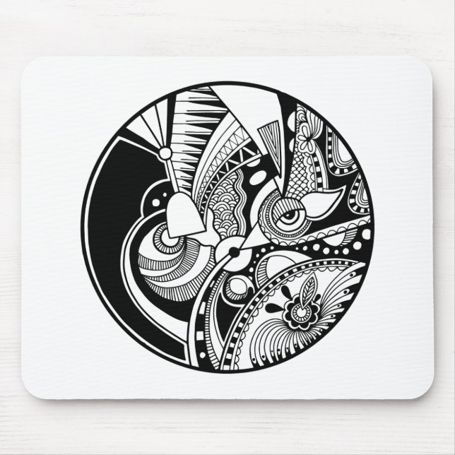 Mousepad Zendala abstrato preto e branco no círculo (Frente)