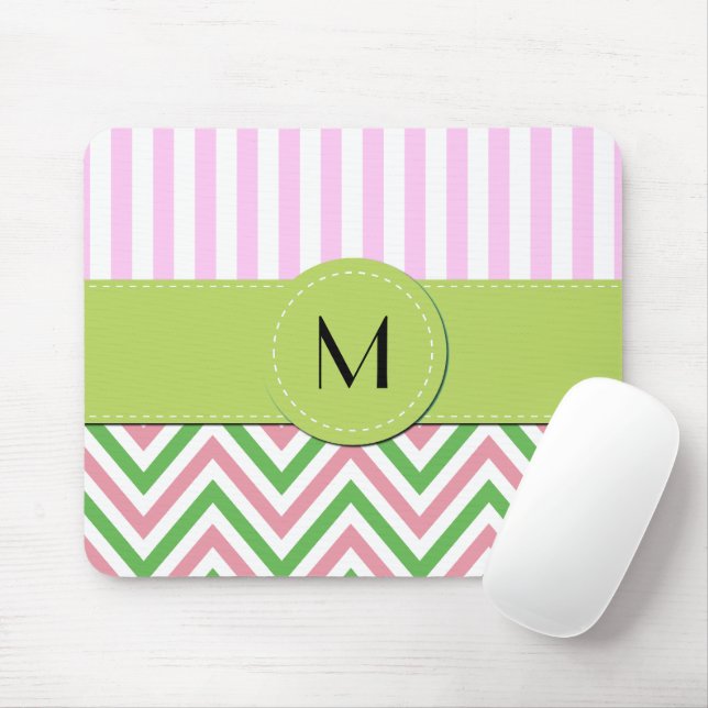 Mousepad Zigzag, Chevron, Stripes, Rosa, Verde, Monograma (Com mouse)