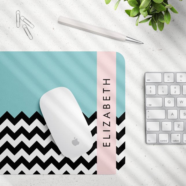 Mousepad Zigzag preto-e-branco, Chevron, azul, seu nome (Criador carregado)