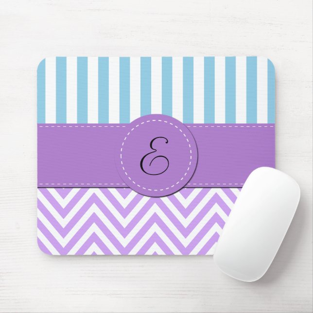 Mousepad Zigzag Roxo, Chevron, Blue Stripes, Monograma (Com mouse)