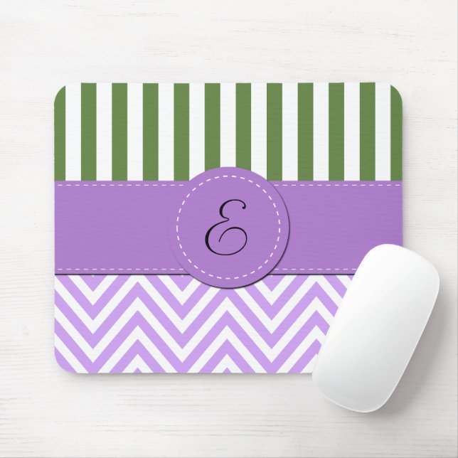 Mousepad Zigzag Roxo, Chevron, Greve Verde, Monograma (Com mouse)