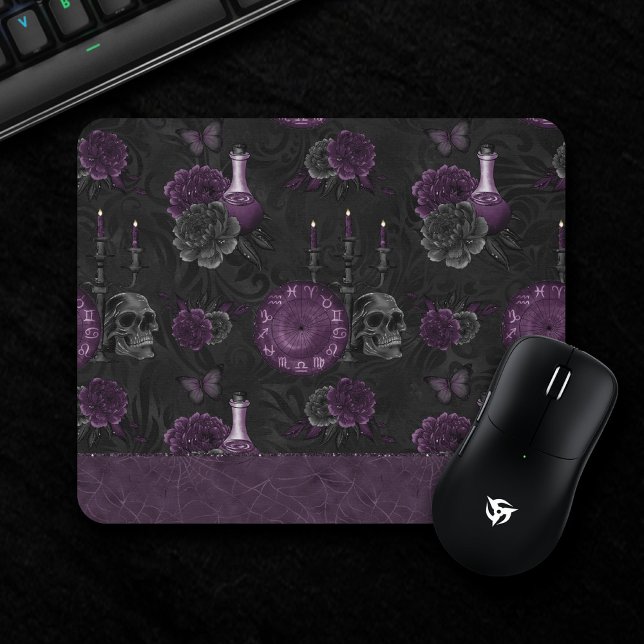Mousepad Zodiac Magic | Rosas de crânio de ameixa roxa escu (Criador carregado)