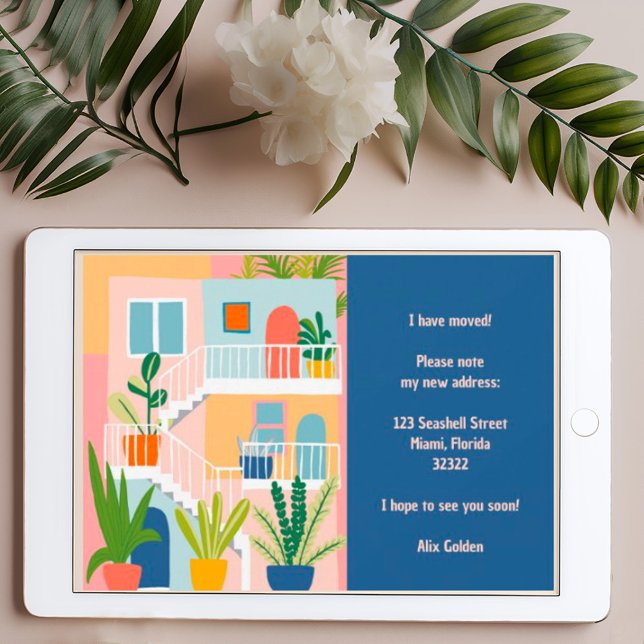 Movendo Anúncio Novo Endereço Apartamento Colorido (Moving announcement digital download - tropical colorful apartment address change card)