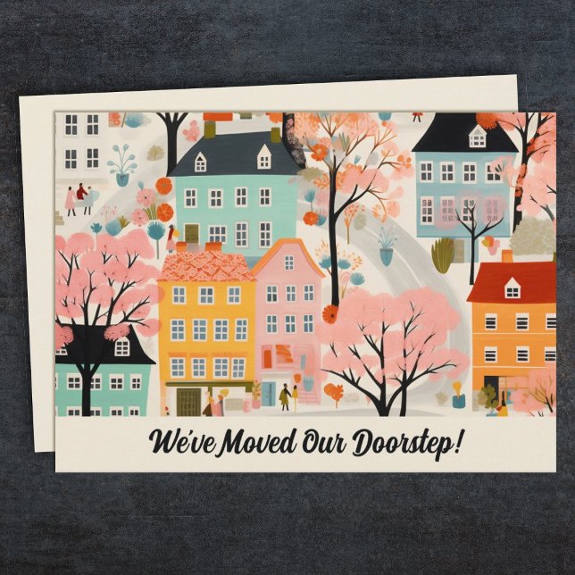 Movimentamos Novo Anúncio de Movimentação de Ender (A fun moving/address change card with a modern illustration of a neighborhood.)