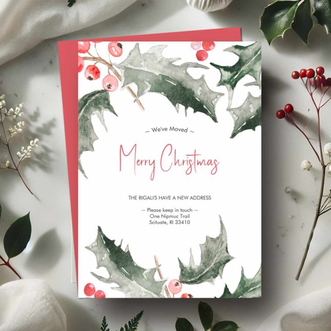 Movimentamos o Cartão de Natal Elegante de Aquarel (Moving Christmas cards watercolor holly and berries in shades of red and green)