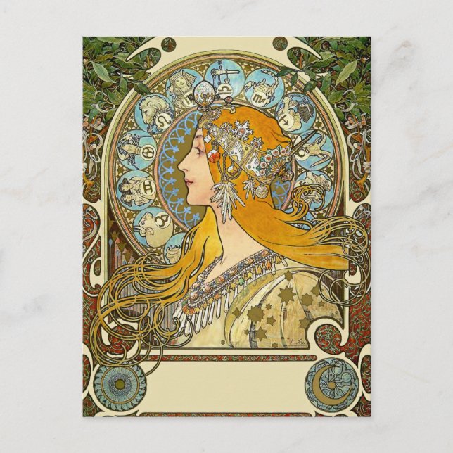 Mucha Art Nouveau Cartão postal - Zodiac - La Plum (Frente)