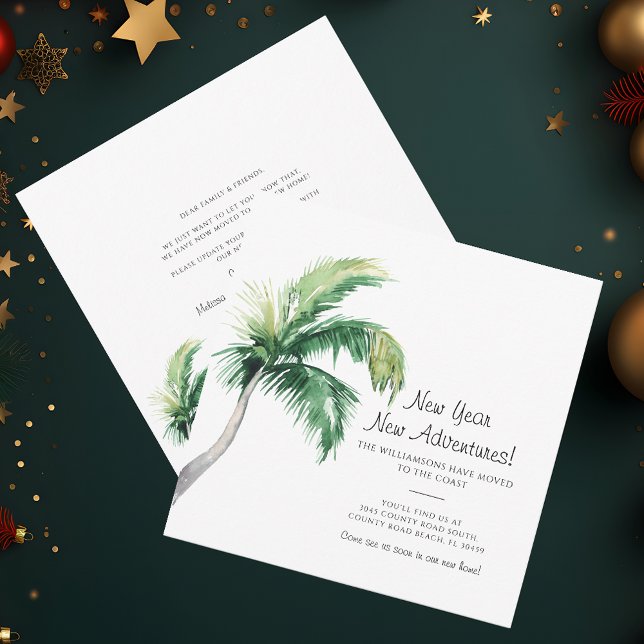 Mudamos o lançamento do Ano Novo (Christmas Holidays Family Moving Announcement Palm Tree Beach House)