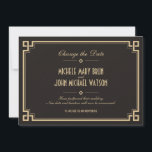 Mudar o Cartão Retro Quadro Art Deco Escuro<br><div class="desc">Personalize este Cartão de Mudar a Data de Casamento Elegante e Moderno Quadro Art Deco,  marrom com elementos e texto em dourado e amarelo. Totalmente personalizável e configurado como um modelo para sua fácil personalização.</div>