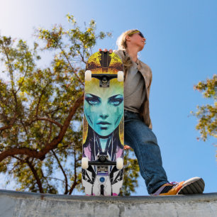 Mulher Ciborgue Cyberpunk - Skateboard Futurista