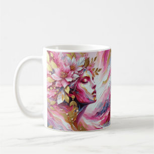 Mulher colorida de ouro rosa deixa xícara de café